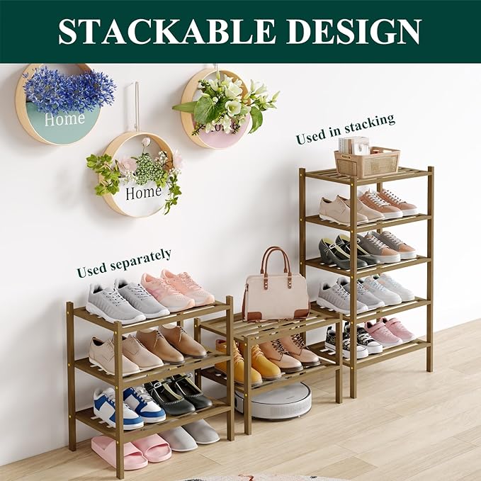 Smiry Small Bamboo Shoe Rack 3-Tier, Stackable Wooden Shoe Organizer for Entryway & Closet, Free Standing Wood Shoe Storage Shelf for Front Door & Small Spaces, Walnut