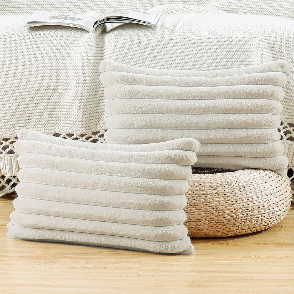 MADIZZ Set of 2 Faux Wool Plush Decorative Throw Pillow Covers 12x20 Inch Greyish White Fluffy Striped Soft Decorative Cushion Cover for Sofa Bedroom Pillow Shell
