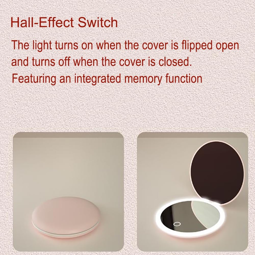 LED Mini Makeup Mirror, Compact Folding Travel Mirror with Touch Control, Round (White, 3.5 inch)