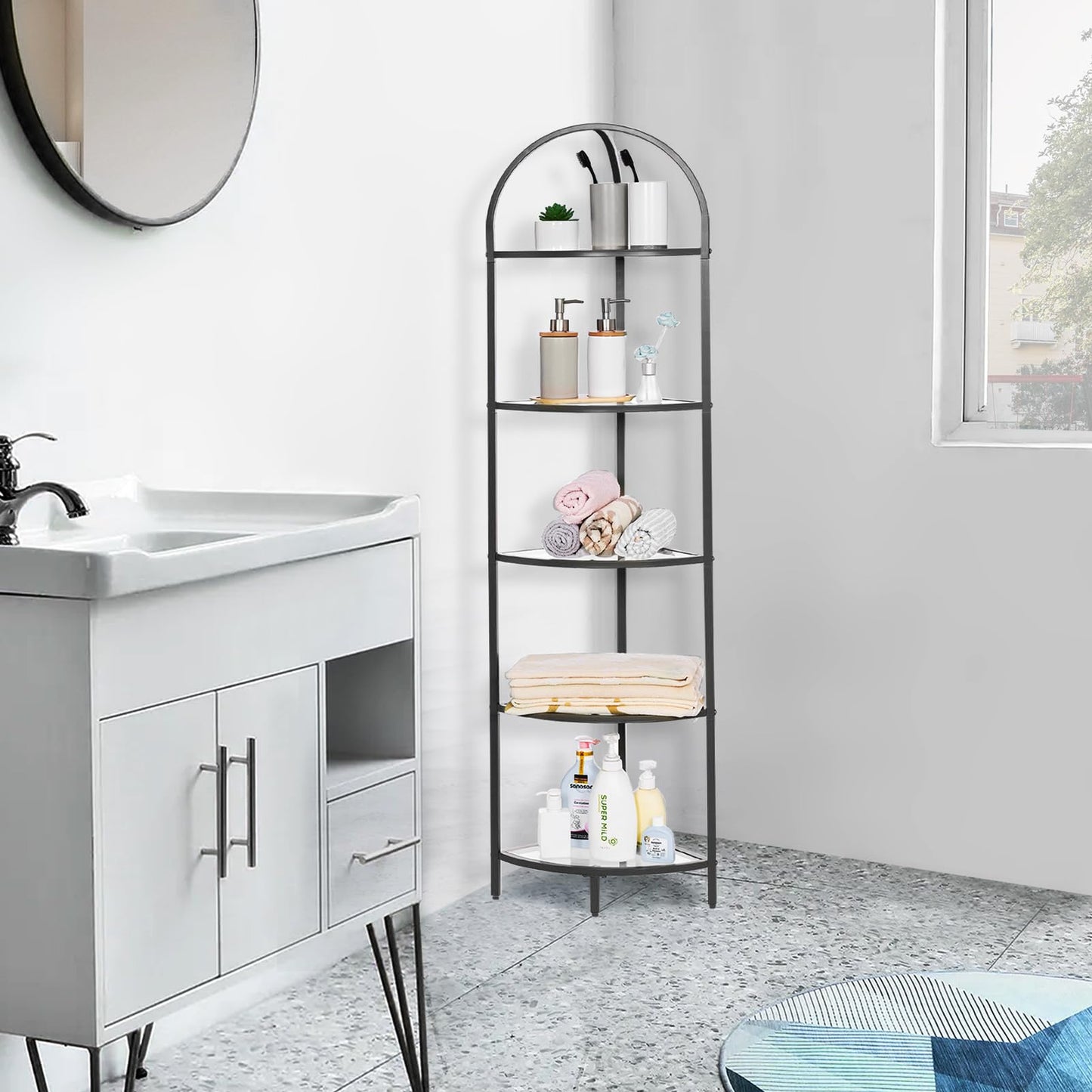 Homhedy 5-Tier Corner Shelf Stand, Metal Corner Bookshelf, Tempered Glass Shelves, Bathroom Storage Rack Shelf, Plant Stand, Modern Style, Black