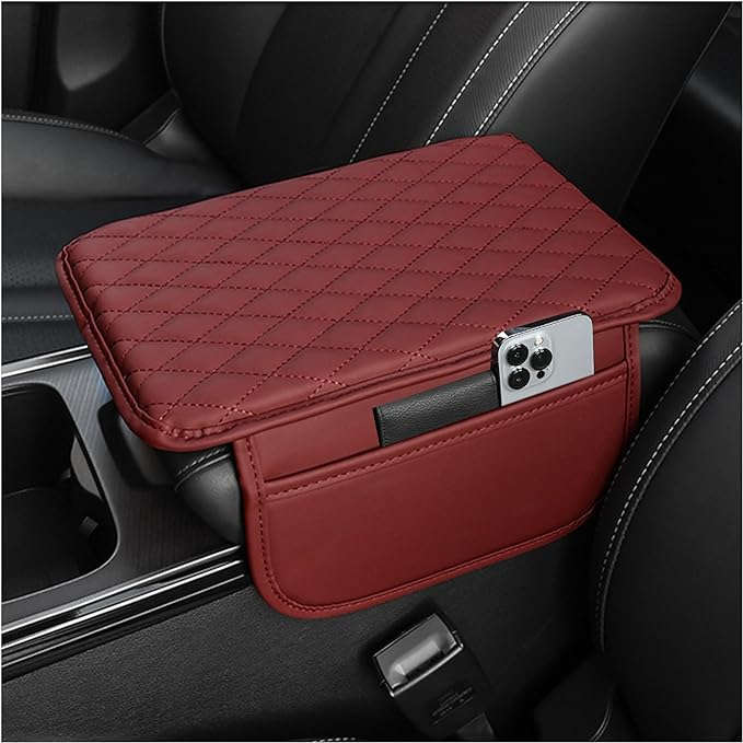 Stacool Upgraded Car Center Console Cover,Microfiber Leather Car Armrest Cover Cushion with 2 Storage Bags,Universal Car Armrest Storage Box (Red)