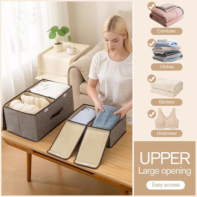 Linen Storage Boxes with Removable Dividers, 2-Pack Large Foldable Organizer Bins, Gray Fabric Containers with Handles for Clothes, Blankets, Underwear Storage (Grey, 2Pack*37.5L)