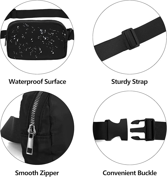 VOROLO Fanny Pack For Men And Women Christmas Gift Crossbody Bag For Men Belt Bag with Adjustable Strap for Sports Silver Zipper Black