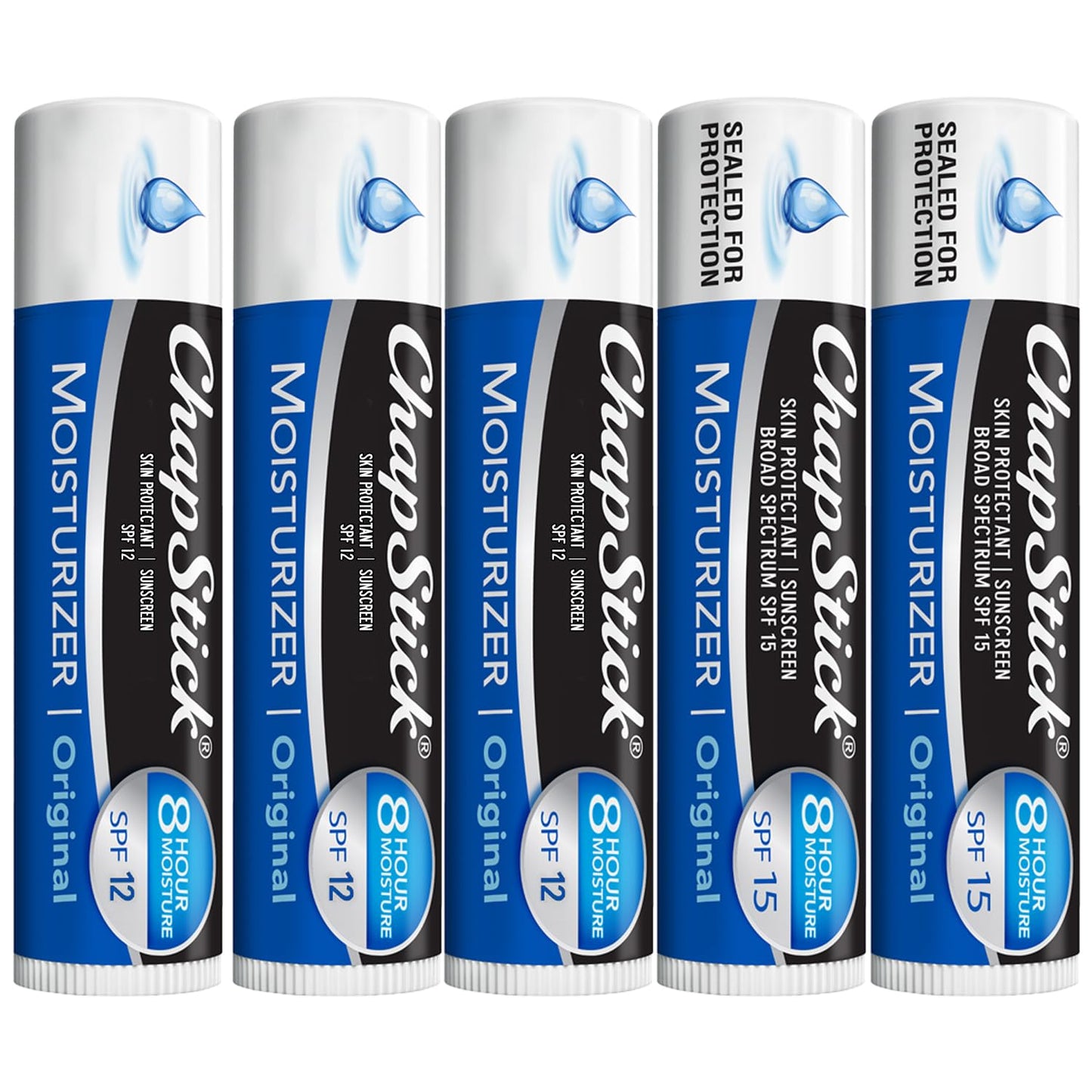ChapStick Moisturizer 2-in-1 Lipcare 5-Pack (SPF 12 & 15) â Original Lip Balm with Broad Spectrum SPF, Aloe & Vitamin E, 0.15 Oz Ea