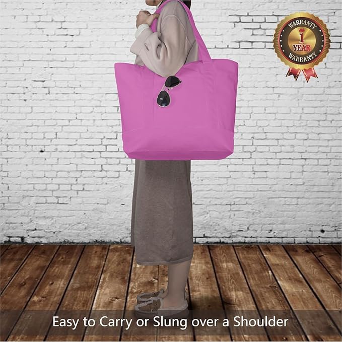 TOPDesign 6-Pack Canvas Tote Bags with an External Pocket, Reusable Grocery Shopping Bags, Top Zipper Closure, Daily Essentials (Light Purple)