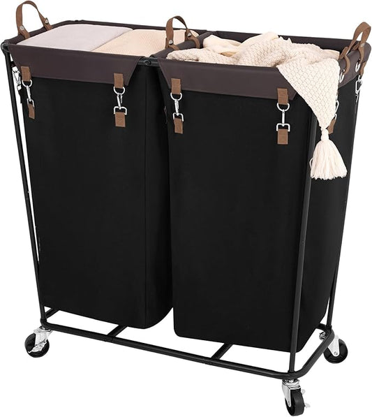 StorageWorks 390L Extra Large Laundry Hamper with Wheels, Laundry Basket with Wheels 2 Sections, Clothes Sorter Cart with Divider for Hotel, Home, Black, 1-Pack