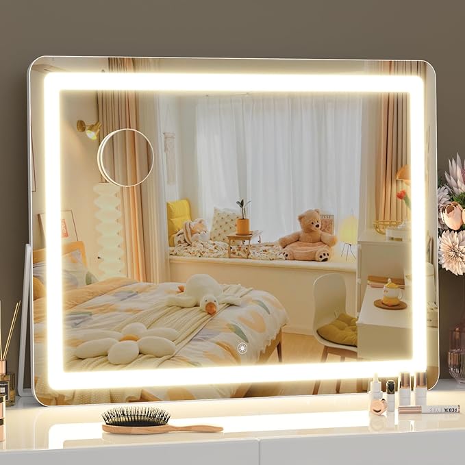 Ligheted Vanity Mirror with Lights, 14" x 10" LED Makeup Mirror, 3 Modes Light, Smart Touch Control Dimmable, 360Â°Rotation, Rectangle White Frame