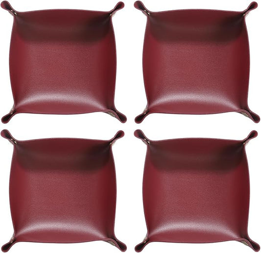 HARFINGTON 4pcs PU Leather Valet Tray Unisex Folding Small Catchall Tray Portable Entryway Table Tray Nightstand Bedside Desk Tray for Key Wallet Watch Coin Jewelry Dice, Wine Red