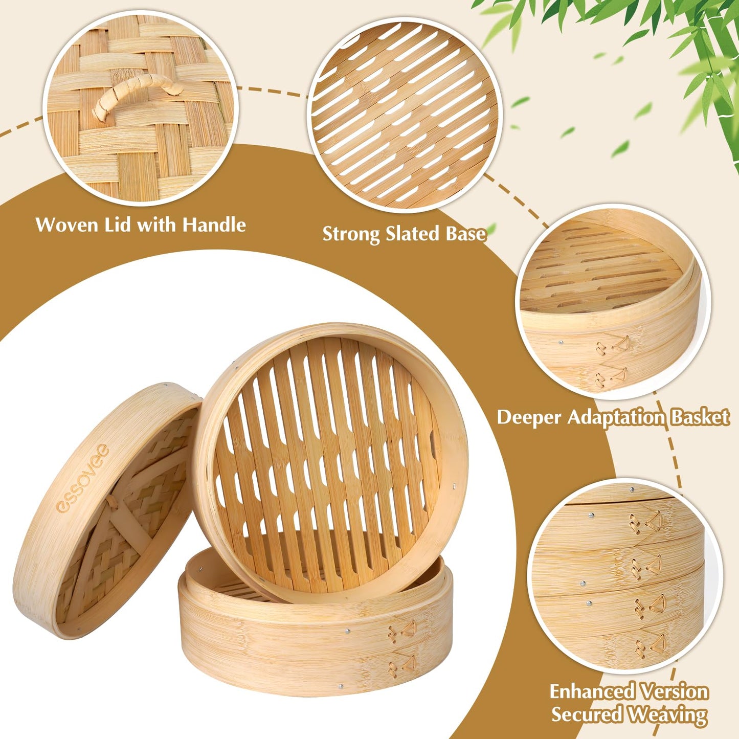 Bamboo Steamer 2 Tier 10-Inch Steaming Basket, Bun Vegetable Steam, Dumpling Steamer Bamboo Steam Basket, Chopsticks, Reusable Silicone Liner, Ring Adapter, for Chinese Asian Cuisine