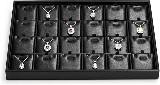 24 Grids Leather Necklace Tray Jewelry Display Tray for Drawers With Removable Jewellery Cards Necklace Pendant Tray (Black)