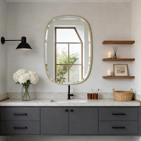 POZINO Gold Bathroom Mirror, 24"x32" Brass Rounded Rectangle Mirrors, Brushed Beveled Mirrors for Over Sink, Modern Vanity Wall Mirror in Premium Stainless Steel Frame Hangs Horizontal Or Vertical