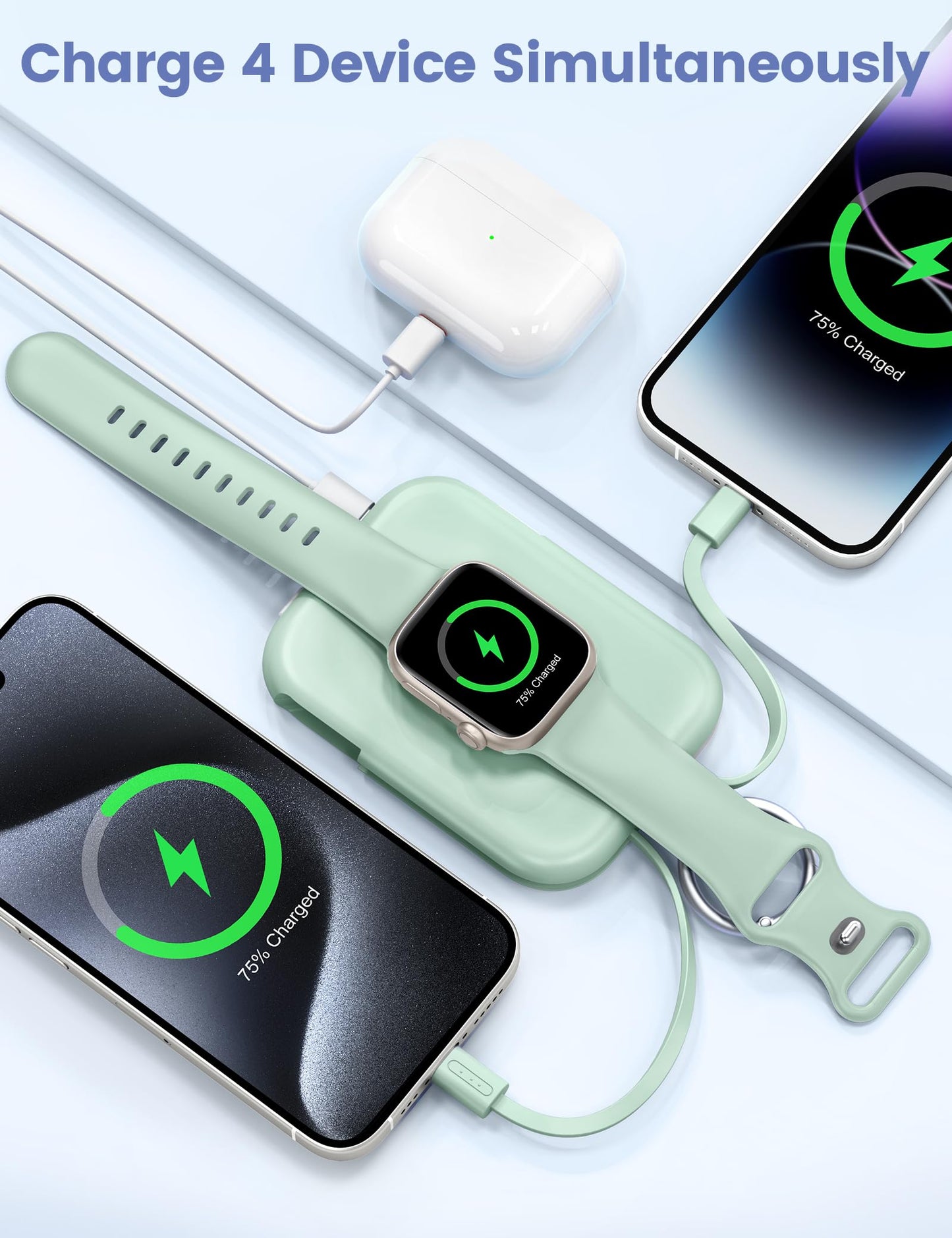 RORRY Portable Charger, 5000mAh Portable Charger Power Bank with Built-in Cables, Travel Keychain Battery Pack for Apple Watch Ultra 2/10/9/8/Ultra/7/6/SE/5, iPhone 16/15/14/13/12, Green