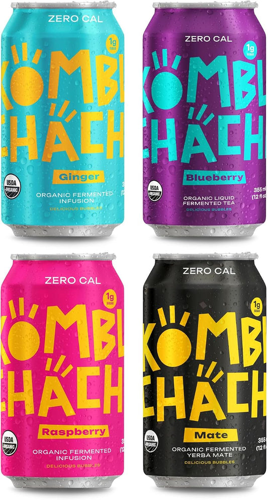 Kombuchacha Variety Pack, Zero Calorie, Low Sugar, Born in Patagonia, Organic Fermented Probiotic Tea for Gut Health, 12 Fl Oz Can(12 Pack, Mix)