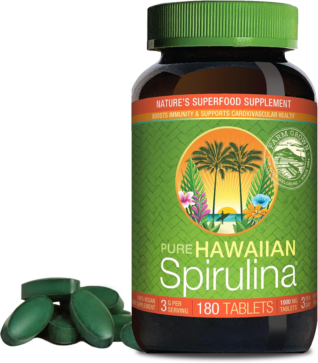 Nutrex Hawaii Pure Hawaiian Spirulina – Vegan Superfood, 1000 mg Tablets, Farm Grown in Kona, Non-GMO, Immune Support & Cellular Energy, 180 Count (Pack of 1)