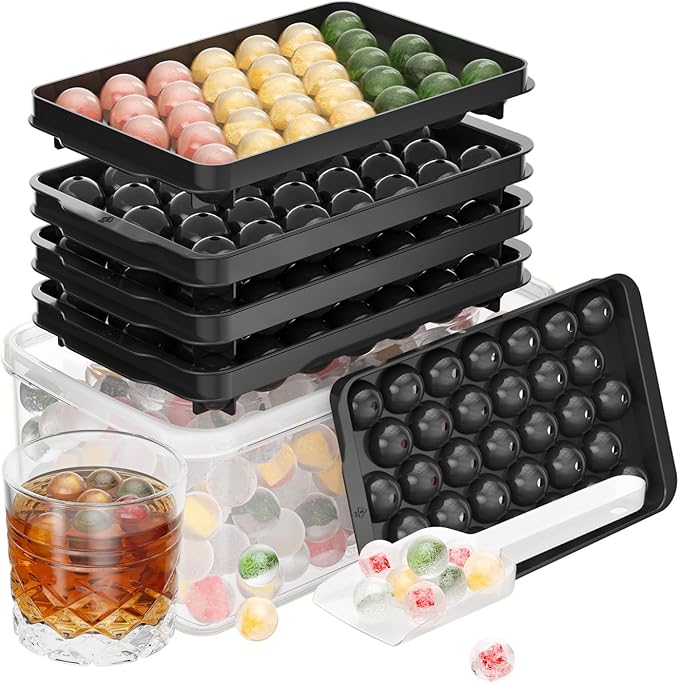 Ice Cube Tray with Lid and Bin, 3 Pack Ice Trays for Freezer, 99 Pcs Round Ice Cube Mold, Ices Maker Bucket with Scoop for Cocktail, Coffee, Rv Accessories, Easy to Release (0.8 inch, Black)