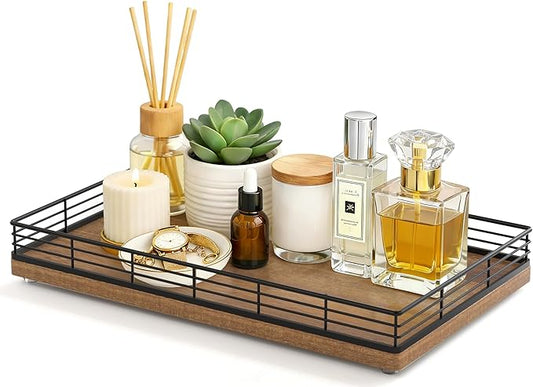 Large Bathroom Vanity Tray â 13" x 8" Acacia Decorative Wooden Tray for Bathroom Countertop & Vanity Organizer, Wood Tray for Perfume, Skincare Accessories Storage Vanity Dresser Decor Black & Acacia