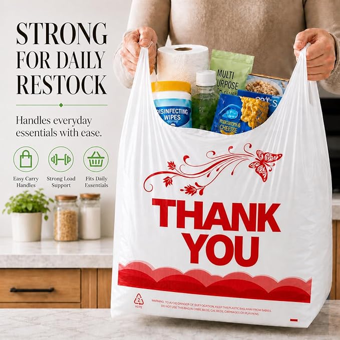 YoYoRain 1000PCS White “Thank You” T-Shirt Bags – Reusable & Disposable Grocery and Supermarket Shopping Bags, 11"x6"x21"