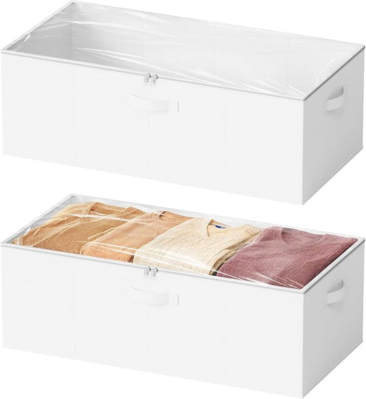SpaceAid 2 Pack 10" High Under Bed Storage Containers, Large Underbed Storage Organizer Bins with Lids for Bedroom, Dorm, Clothes, Closet Organization, Bed Sheets and Blankets (White)