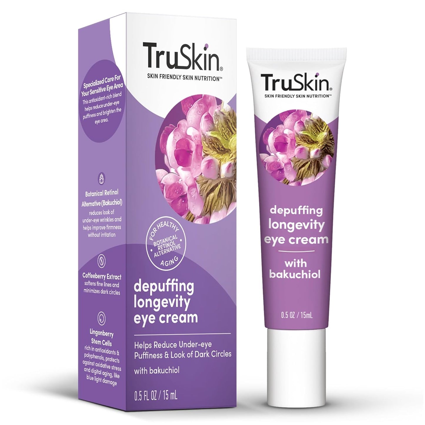TruSkin Longevity Eye Cream â Caffeine Eye Cream with Bakuchiol, Lingonberry Stem Cells & Coffeeberry Extract â Skin Care Made to Help Transition from Anti Aging to Healthy Aging, 0.5 fl oz