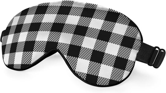 Black and White Plaid Silk Eye Mask Sleep Mask Tartan Checkerboard Squares Pattern Eye Mask with Adjustable Strap Lightweight for Women Work Travel