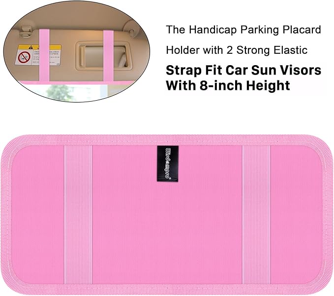 Handicap Placard Holder for Auto, Wisdompro Disabled Parking Permit Sign Protector for Car Sun Visor with Note Paper Slot, Pen Holder and Elastic Strap - Pink
