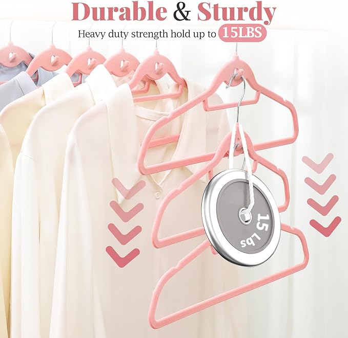 Velvet Felt Stackable Hangers 50 Pack, Non Slip, with 360°Swivel Hook, Ultra Thin and Space Saving for Suits, Shirts, Coats, 15Lbs Capacity Heavy Duty, Pink