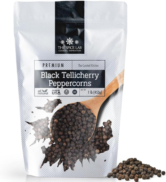 Tellicherry Black Peppercorns for Grinder Refill - Packed in the USA - Steam Sterilized Kosher Non-GMO All Natural Whole Black Peppercorn (1Lb Bag) By The Spice Lab