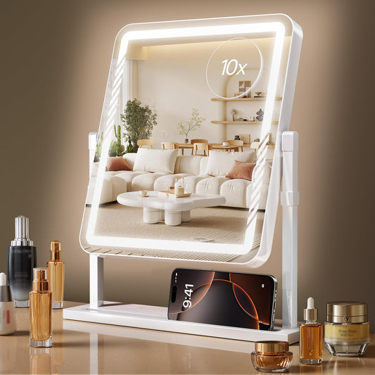Kcavvi Makeup Mirror with Lights, Height-Adjustable & 360Â° Rotation, 1/10X Magnification, Three Color Lighting Modes, Vanity Mirror Smart Touch Control, Large Vanity Desk Mirror (17.5in,White)