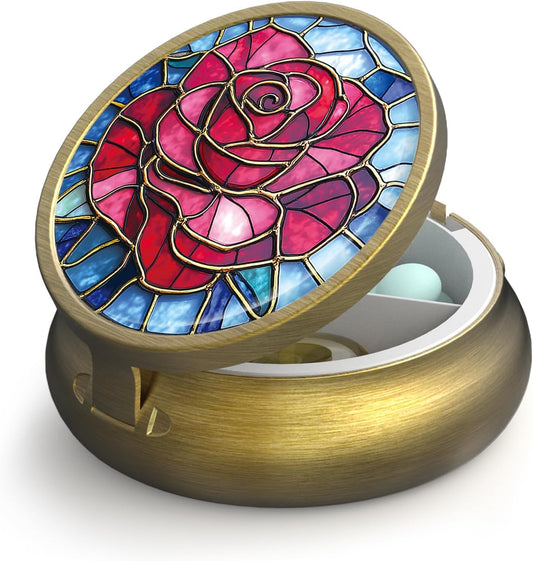 Small Pill Case Pill Box with Mirror Retro 3 Compartment Pill Holder for Purse or Pocket Bronze Portable Medicine Vitamin Container Fish Oil and Supplement Storage BPA-Free(Rose)