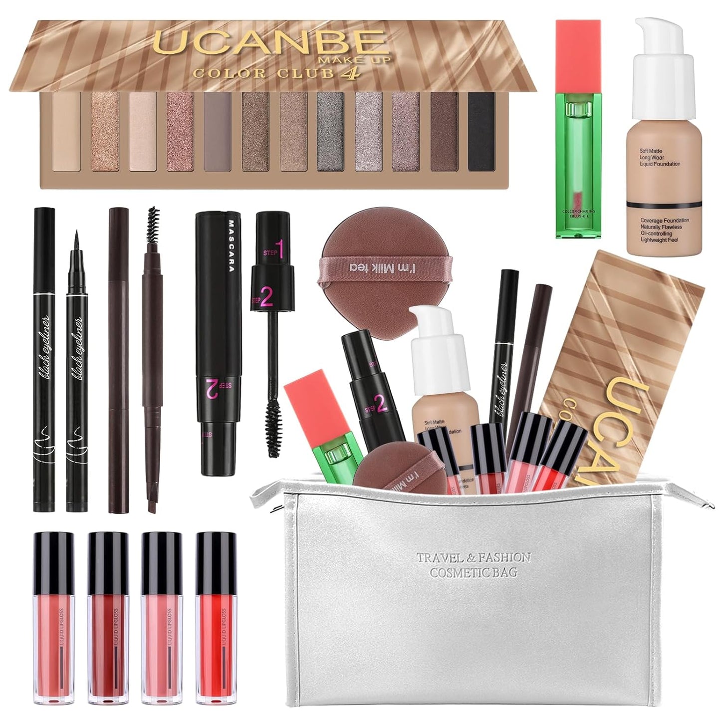 Makeup Set for Women Full kit, Makeup bag with 12 Color Nude Eyeshadow Palette, Mascara, Lip gloss, Blush & Foundation, Beauty blender, Eyeliner Pen, Eyebrow Pencil All in One Gift Set