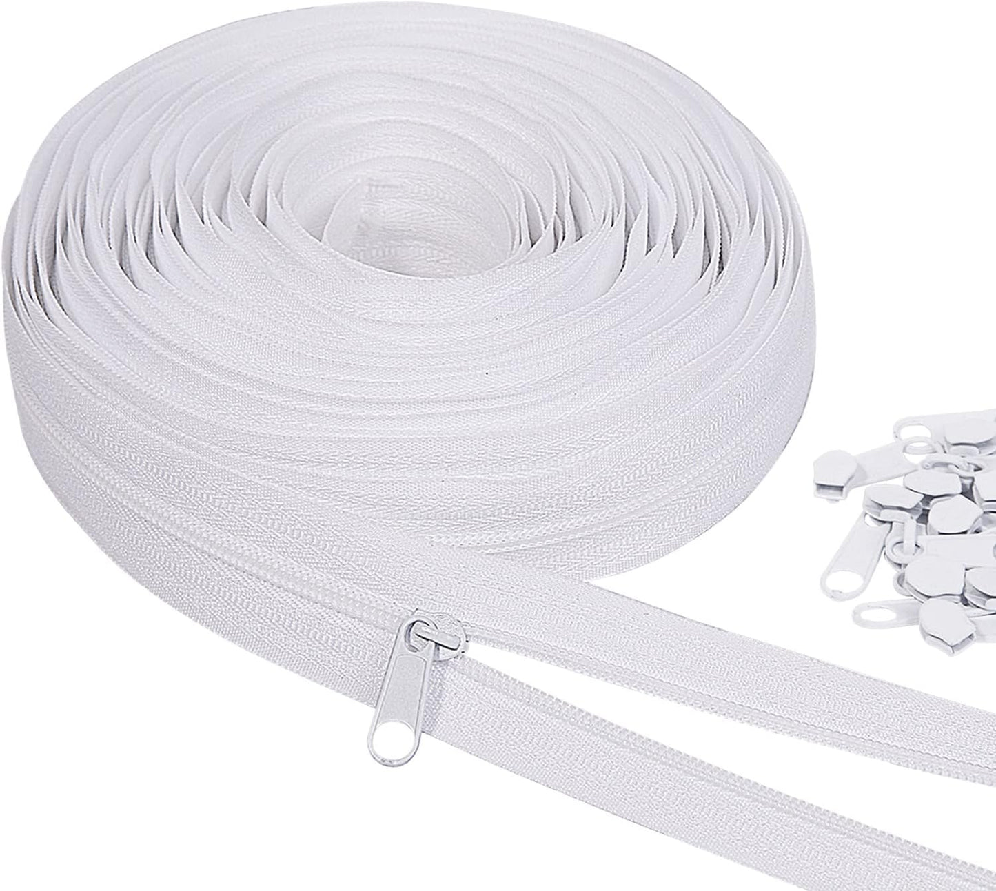 MiniRed 10Yards White Nylon Coil Zipper by the Yards, #3 Bulk Zippers for DIY Sewing Craft Bags with Replacement 20PCS Sliders (#3 White)