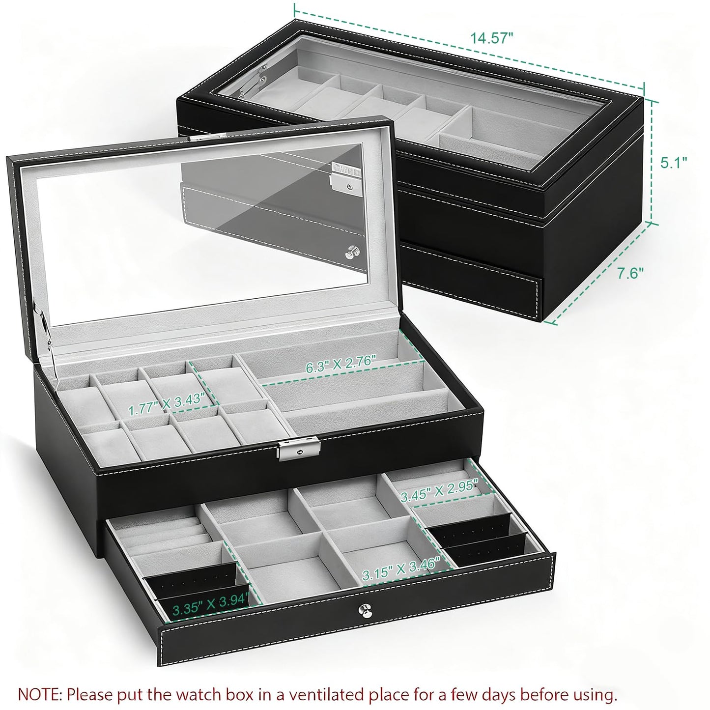 TomCare Watch Box Watch Case Jewelry Organizer Holder Jewelry Display Box Case Sunglasses Storage Organizer Lockable with Glass Top and PU Leather for Men Women, Black