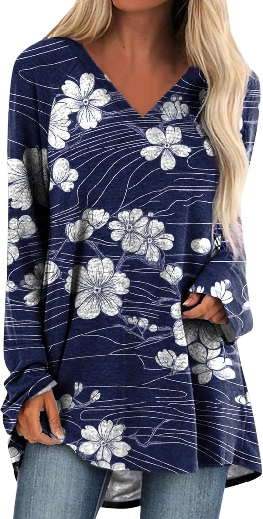 MARSVOVO Trendy Long Sleeve Shirts for Women Lightweight Plus Size Tunic V Neck High Low Baggy Casual Tops