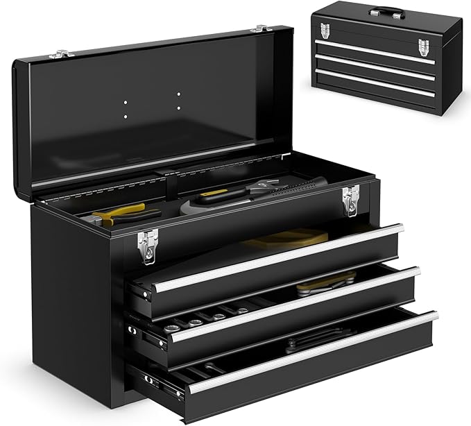 Metal Tool Box, 3-Drawer Tool Box with Carry Handle, 2 Latches & Liner, Portable Tool Chest Storage Box Organizer for Garage, Warehouse & Repair Shop (Black)