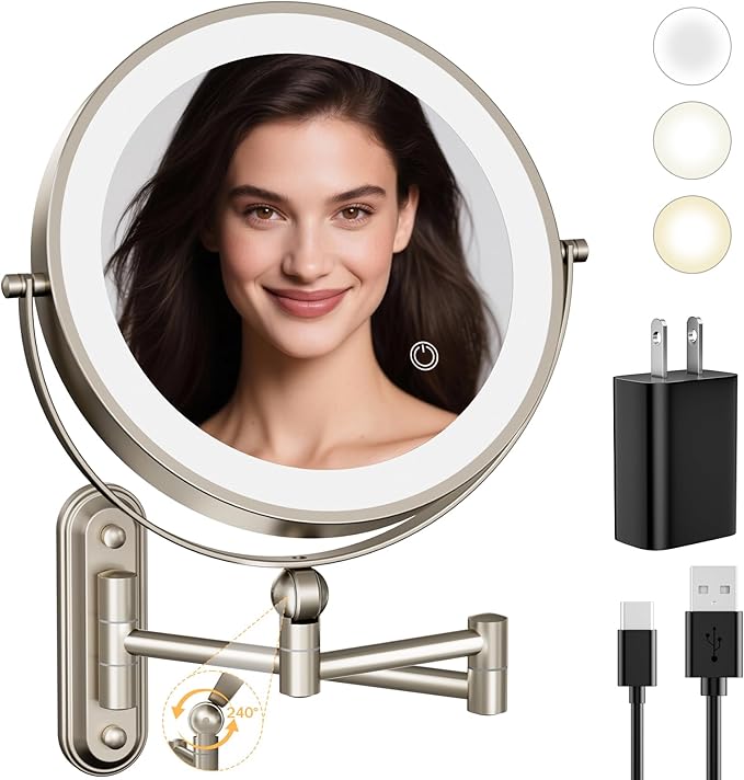 9" Wall Mounted LED Lighted Makeup Vanity Mirror - 4000mAh Rechargeable Double Sided 1X/30X Magnifying Mirror, 3 Color Lights Touch Dimmable, Height Adjustable Extended Arm 360Â° Swivel Bathroom Mirror