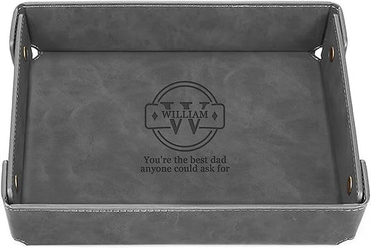 Engraved Fatherâs Day Leather Valet Tray â Personalized Leather Catch All with Custom Name â Menâs Valet Tray Organizer for Keys, Watches, and Jewelry â Unique Dad Gift from Daughter or Son - Grey