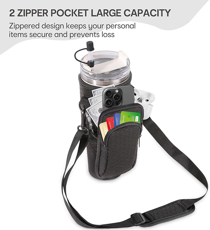 &And Per Se Neoprene Water Bottle Carrier Bag for Stanley 40oz Tumbler, Crossbody Sling with Phone Pocket & Detachable Strap, Adjustable Shoulder Holder Pouch with Charm, for Gym Travel(Black)