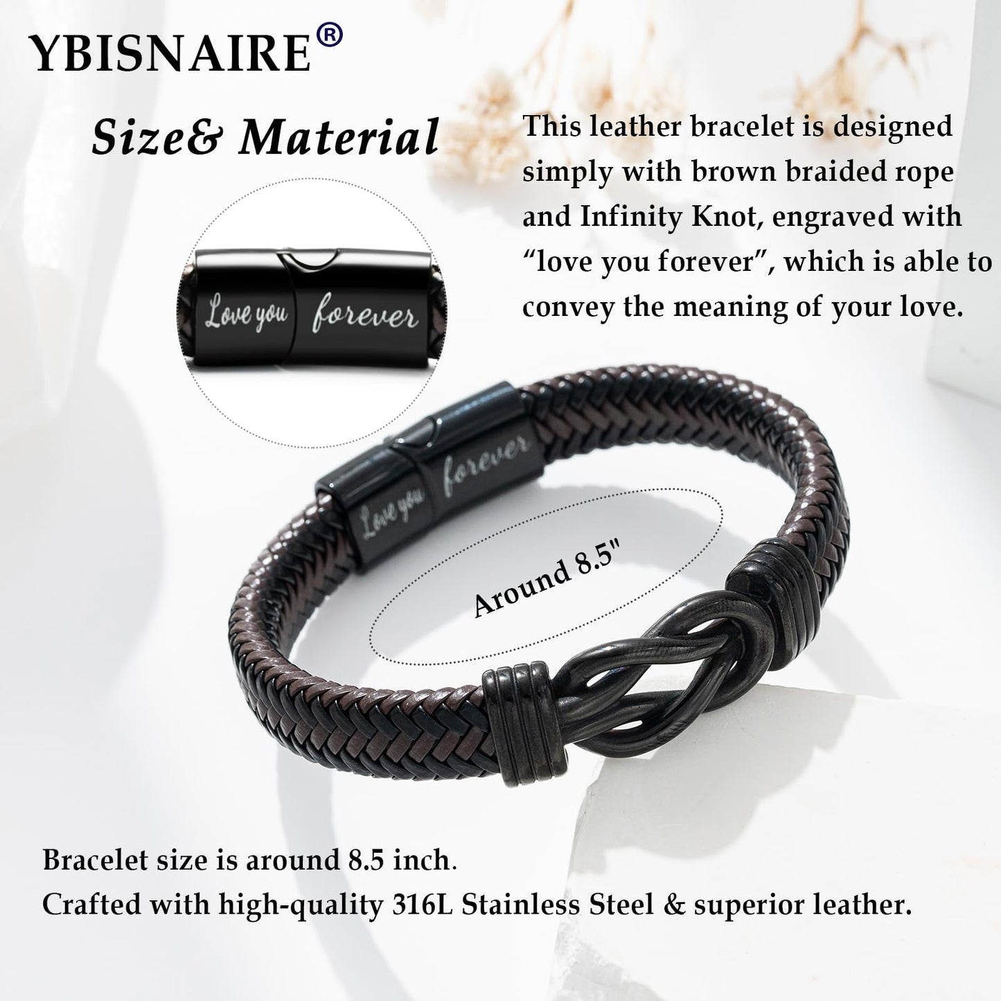 YBISNAIRE Gifts for Mens Husband from Wife, Cool Love Infinity Mens Leather Bracelets for Man Him Birthday Gifts Ideas Present for Christmas Anniversary Retirement Fathers Day