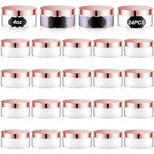 Dandat 24 Pcs 4 oz Plastic Jar Container with Lid and Label Refillable Empty Round Clear with Rose Gold Pet Cosmetic Sample Slime Containers for Lotion, Cream, Ointments, Body Butter, Travel Storage