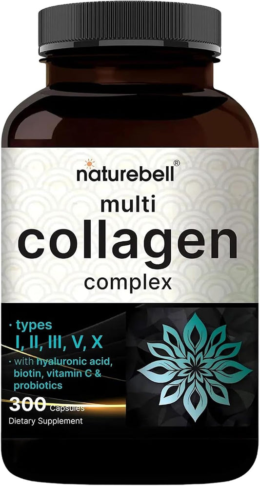 NatureBell Multi Collagen Complex - 300 Capsules - 5 Collagen Peptides (Type I, II, III, V, X), Hyaluronic Acid, Biotin & Probiotics - Hair, Skin, Nail, Joint & Gut Health Support*