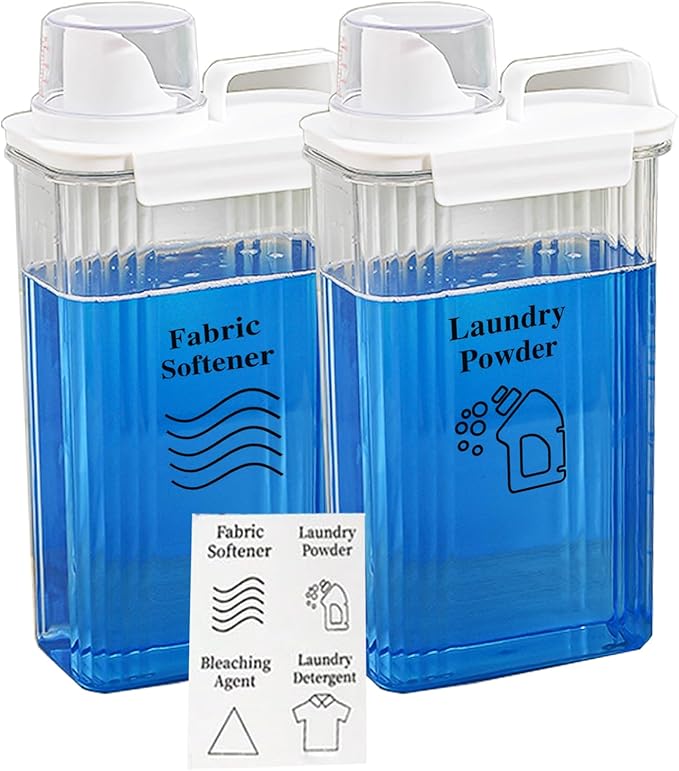 [2 Pack] Laundry Detergent Dispenser for Laundry Room Organization and Storage, 2800ml Laundry Soap Dispenserï¼Liquid Laundry Detergent Dispenser with 4 Removable Labels, BPA Free & Pet Plastic, Clear