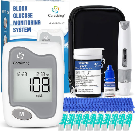 CareLiving Blood Glucose Monitor Kit, 50 Test Strips, 50 Lancets, 1 Blood Glucose Meter, 1 Lancing Device, Diabetes Testing Kit, Portable Blood Sugar Test Kit, Glucometer Kit for Home