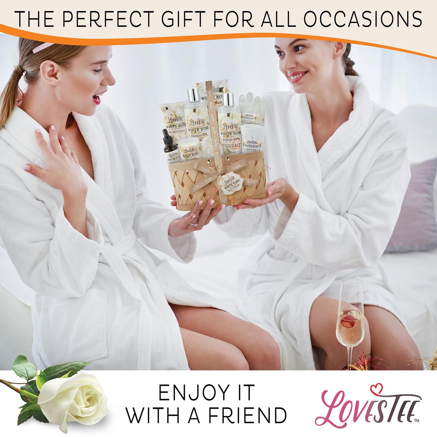 Mothers Day Gifts Bath & Body Spa Gift Basket for Women, Best Gift for Mother's Day & Birthday, White Rose Set Body Lotion, Shower Gel, Bubble Bath, Bath Salt, Towel, Soap, Oil, Candle, Gloves,