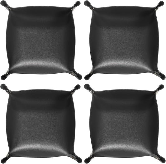 HARFINGTON 4pcs PU Leather Valet Tray Unisex Folding Small Catchall Tray Portable Entryway Table Tray Nightstand Bedside Desk Tray for Key Wallet Watch Coin Jewelry Dice, Black
