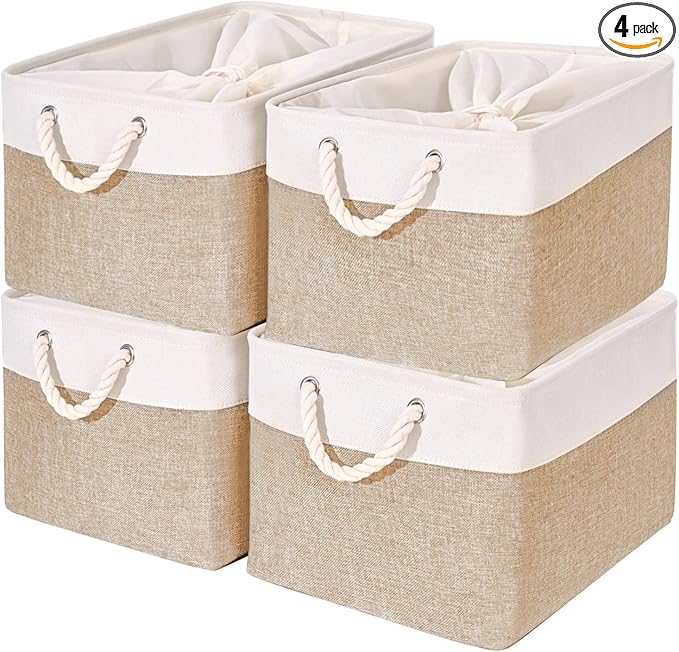 HOdo Home Storage Bins, Fabric Bin with Drawstring Closure and 2 Bold Handles, Collapsible Large Canvas Baskets for Organizing Shelf Nursery Home Closet (15.8Ã11.8Ã9.5 In/4-Pack, White and Yellow)