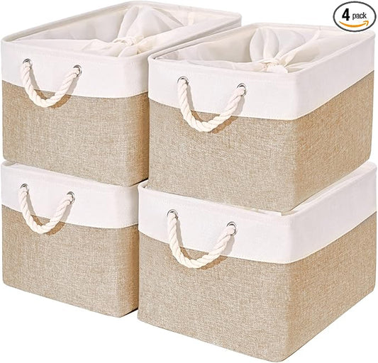 HOdo Home Storage Bins, Fabric Bin with Drawstring Closure and 2 Bold Handles, Collapsible Large Canvas Baskets for Organizing Shelf Nursery Home Closet (15.8Ã11.8Ã9.5 In/4-Pack, White and Yellow)