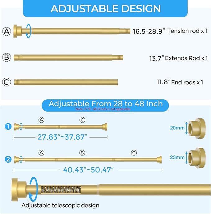 AIZESI Tension Curtain Rod 28 to 48 Inch Adjustable No Drilling 7/8" Diameter Gold Curtain Rod, Small Shower Curtain Rod for Woindow, Bathroom, Doorway, Closet, Kitchen
