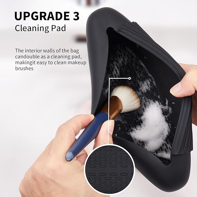 AGIKET Silicone Makeup Brush Holder Travel Cosmetic Bag：Soft Portable Cosmetic Face Brushes Holder with Upgrade Anti-Fall Out Magnetic Closure, Large Travel Makeup Brush Case - Black