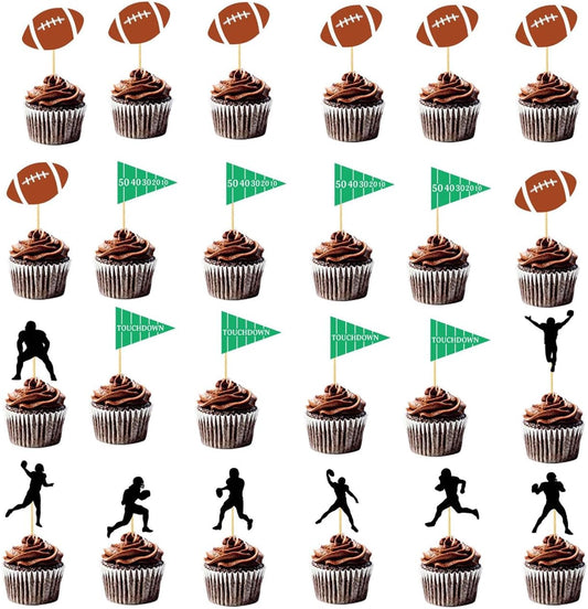 24 pcs Football Cupcake Toppers Rugby Ball Sport Super Ball Cupcake Toppers For Birthday Party (Football Party)