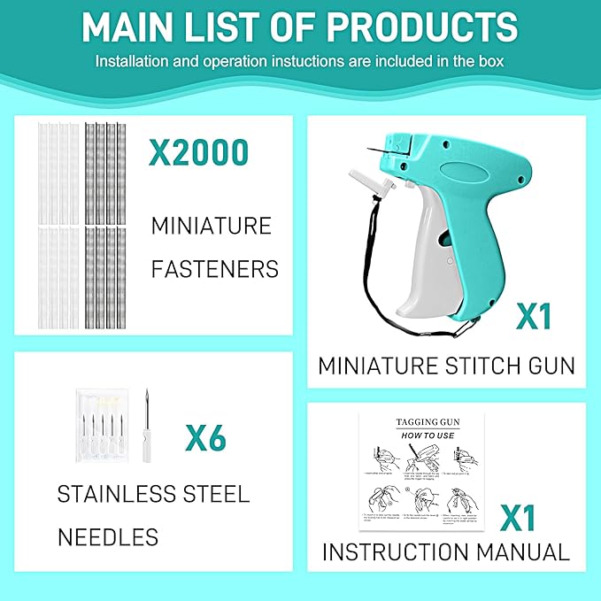 Stitch Gun for Clothes， Handheld Stitch Gun Quick Clothing Fixer，Sewing Kit Includes 1,000 Black Fasteners & 1,000 White Fasteners & 6 Needles (Blue)